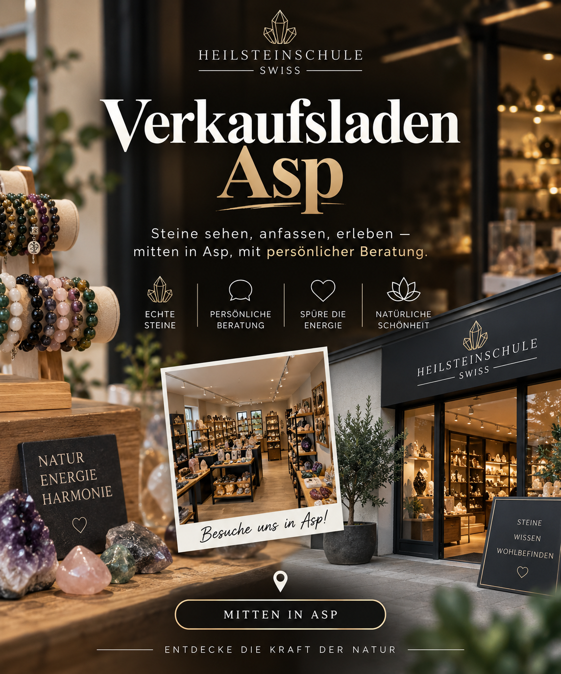 Verkaufsladen Heilsteinschule Schweiz in Asp: Eingang, Auslage und Innenraum mit Steinen und Schmuck